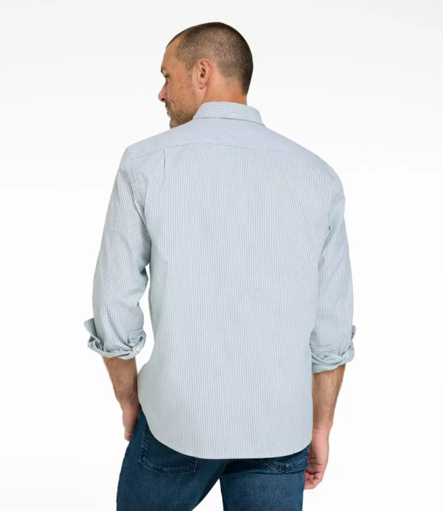 Camisa Oxford Masculina de Conforto com Elasticidade, Corte Tradicional de Fora da Calça, Listrada