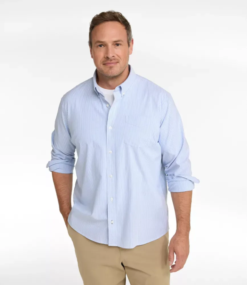 Camisa Oxford Masculina de Conforto com Elasticidade, Corte Levemente Ajustado, Sem Amarração, Listrada