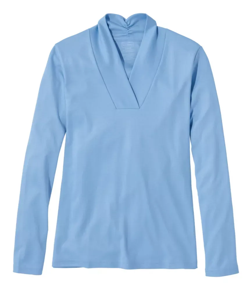 Camiseta de Algodão Pima Feminina, Manga Longa com Gola