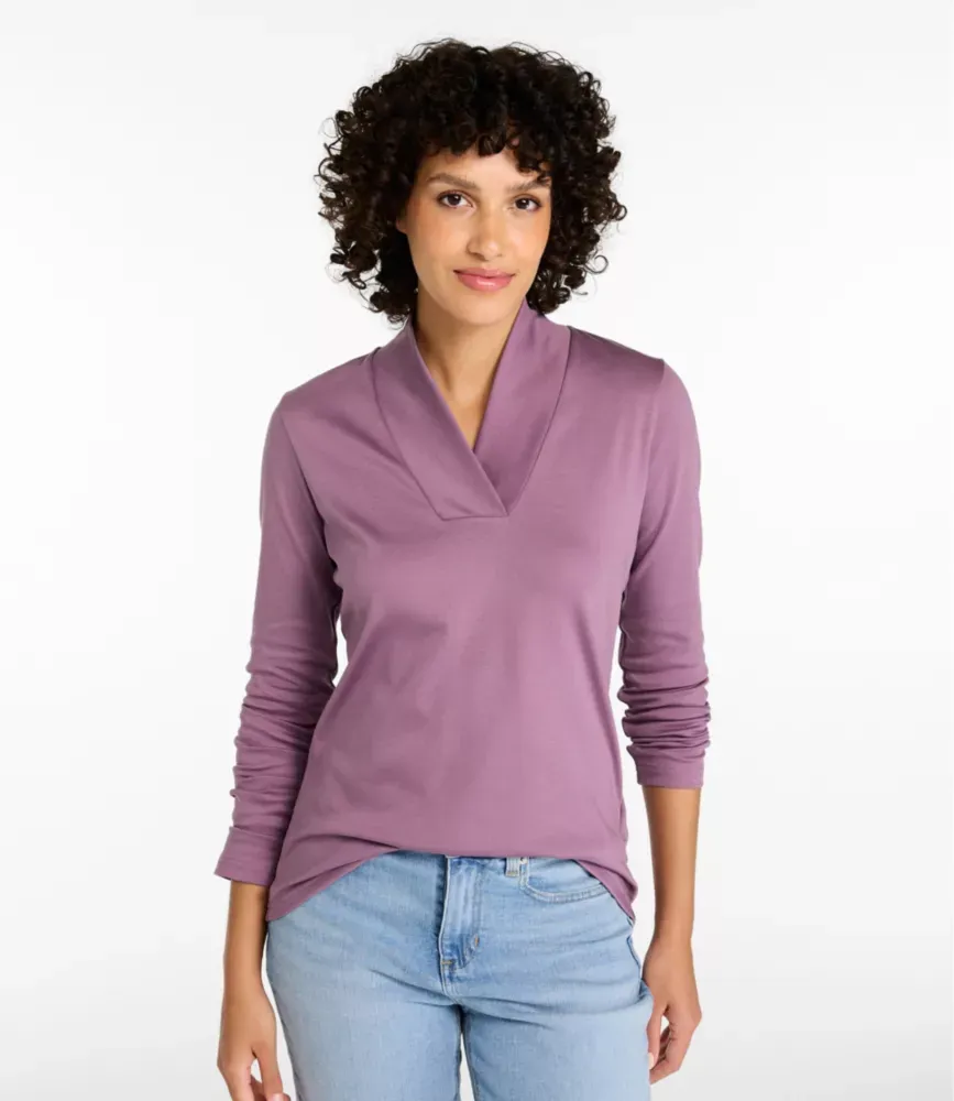 Camiseta de Algodão Pima Feminina, Manga Longa com Gola