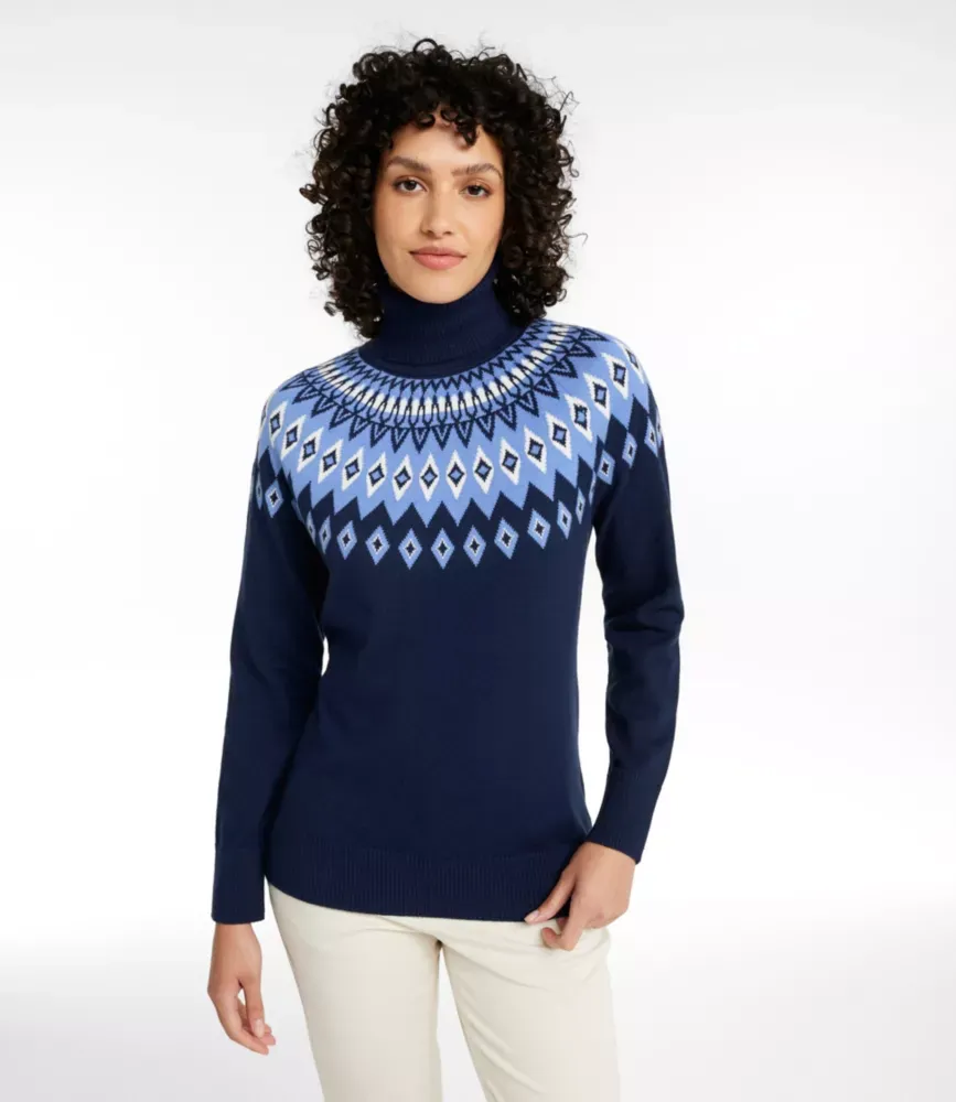 Suéter de Algodão/Cashmere Feminino, Gola Alta Fair Isle