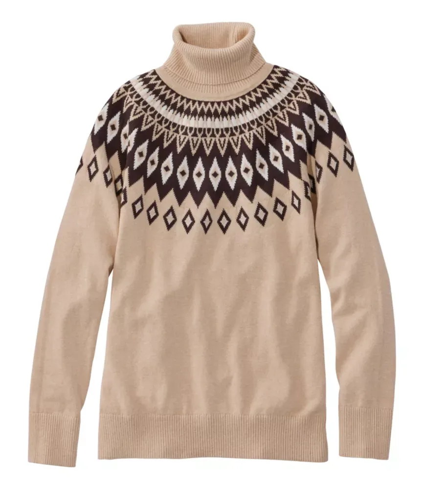 Suéter de Algodão/Cashmere Feminino, Gola Alta Fair Isle