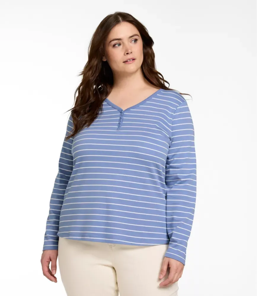 Camisa Feminina L.L.Bean com Gola em V e Listras, Manga Comprida