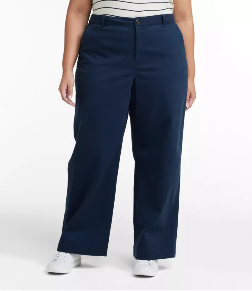 Calças Femininas de Conforto com Elasticidade, Chino de Perna Larga com Cintura Média