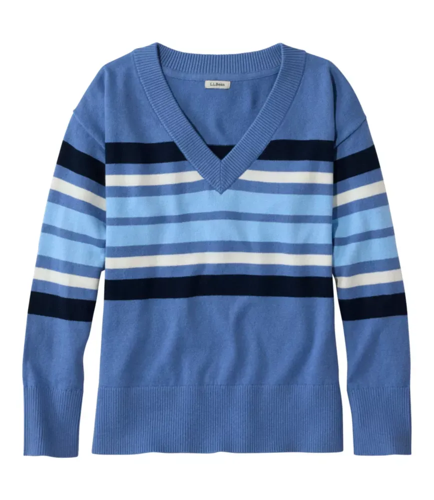 Suéter de Algodão/Cashmere Feminino, Listrado em Gola V