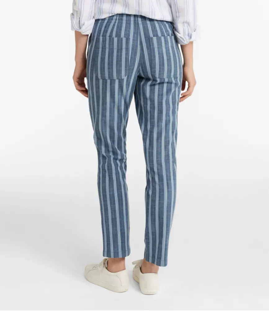 Calças Chino Femininas, Cintura Média, Pernas Soltas em Tecido Chambray com Lavagem, Estilo Ankle