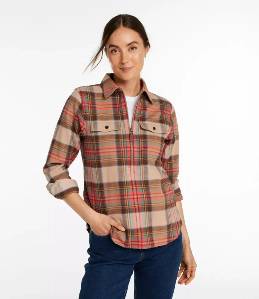 Camisa de Flanela Escocesa Feminina, Com Zíper Quarter