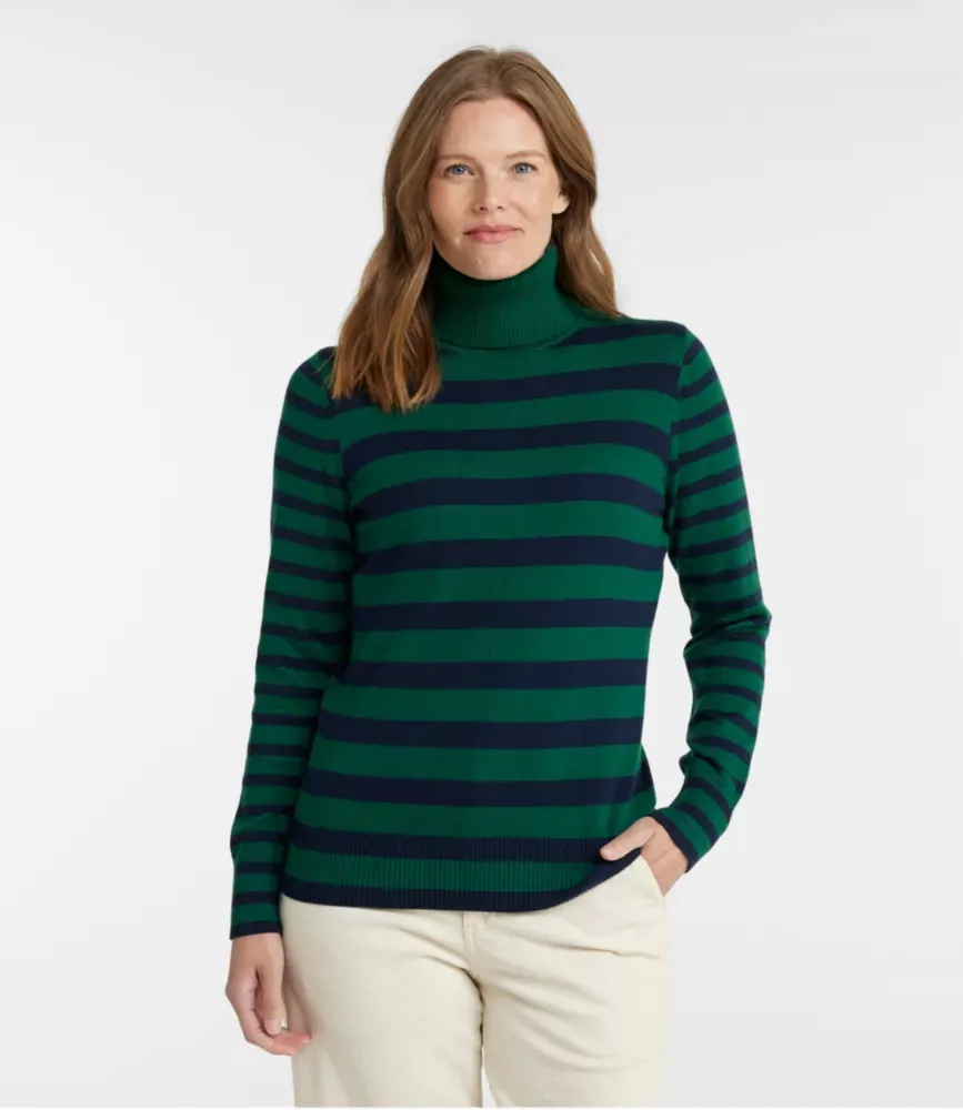 Suéter de Algodão/Cashmere Feminino, Listrado com Gola Alta