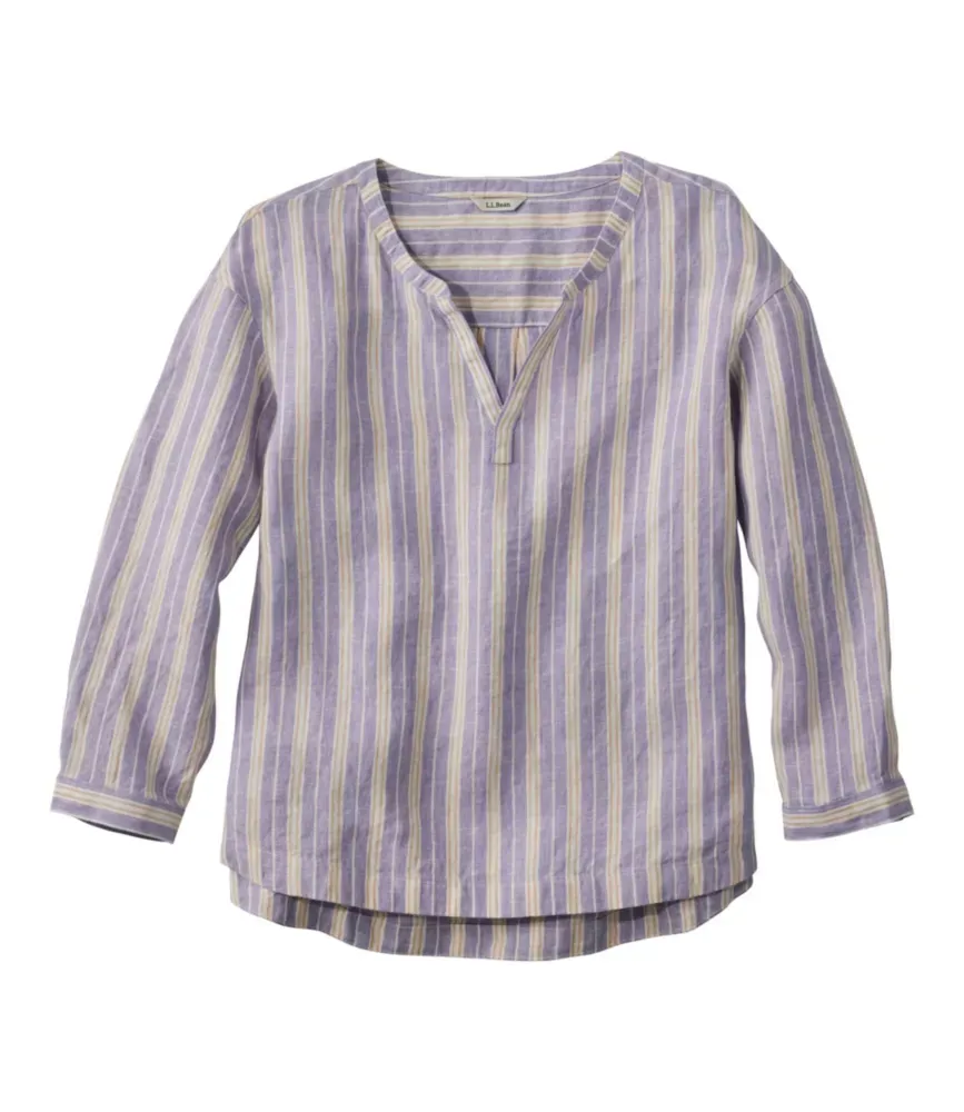 Camisa de Linho Premium Lavável para Mulher, Listrada com Gola Dividida