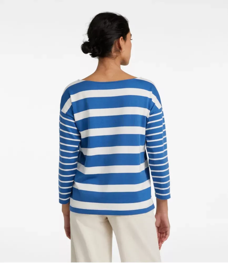 Top Feminino Heritage Mariner, Gola Barco Manga Três Quartos Listrado Bloqueado