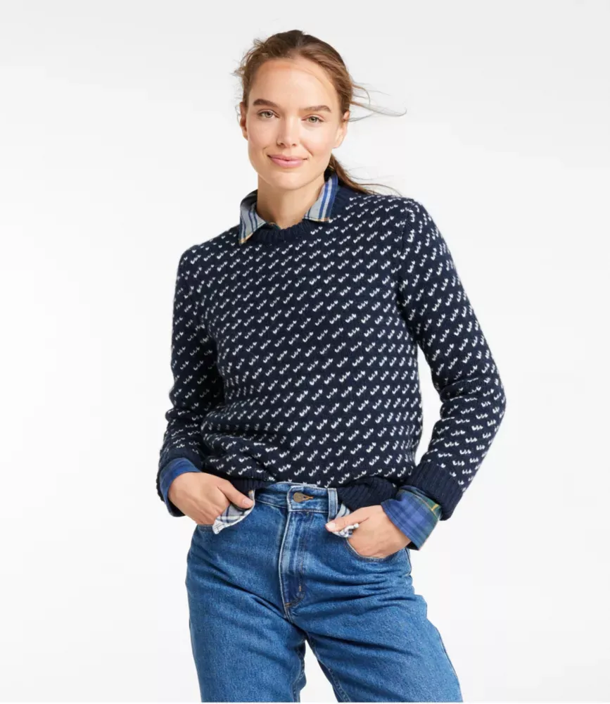 Suéter Clássico de Lã Ragg de Bean para Mulheres, Gola Redonda, Estilo Olho de Pássaro