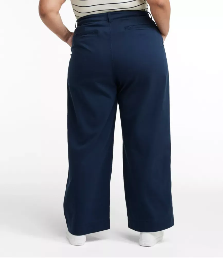 Calças Femininas de Conforto com Elasticidade, Chino de Perna Larga com Cintura Média