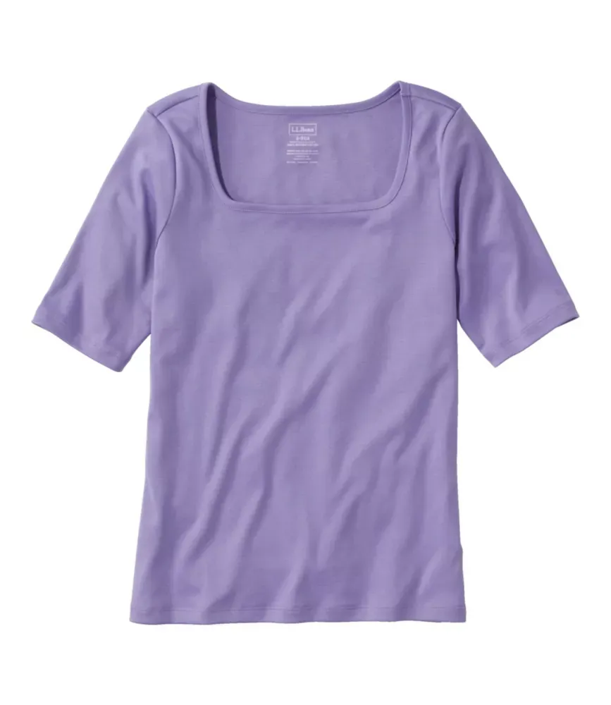 Camiseta Feminina de Algodão Pima, Gola Quadrada Macia com Manga até o Cotovelo