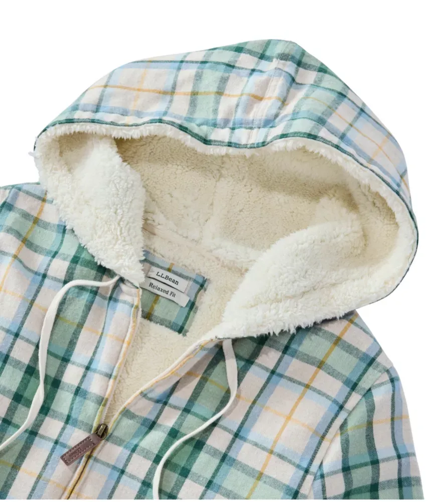 Camisa de Flanela Escocesa Feminina, com Forro de Sherpa e Capuz com Cordão
