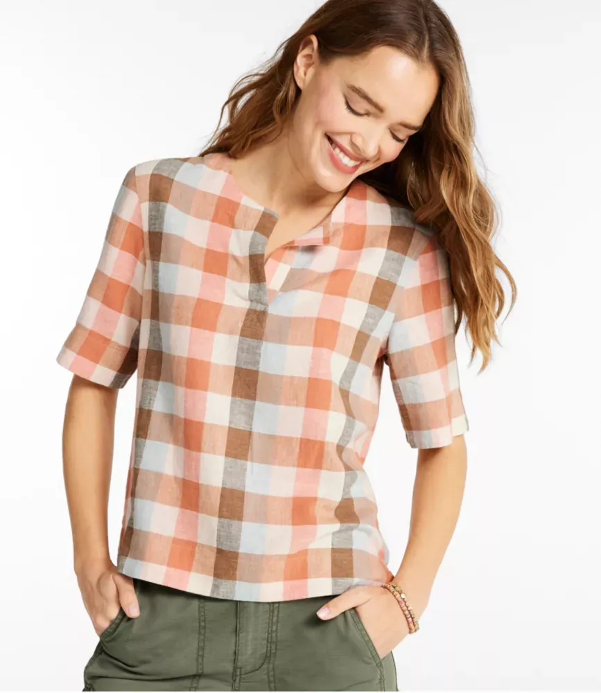 Camisa Feminina de Linho com Mistura de Gola Dividida, Manga Curta