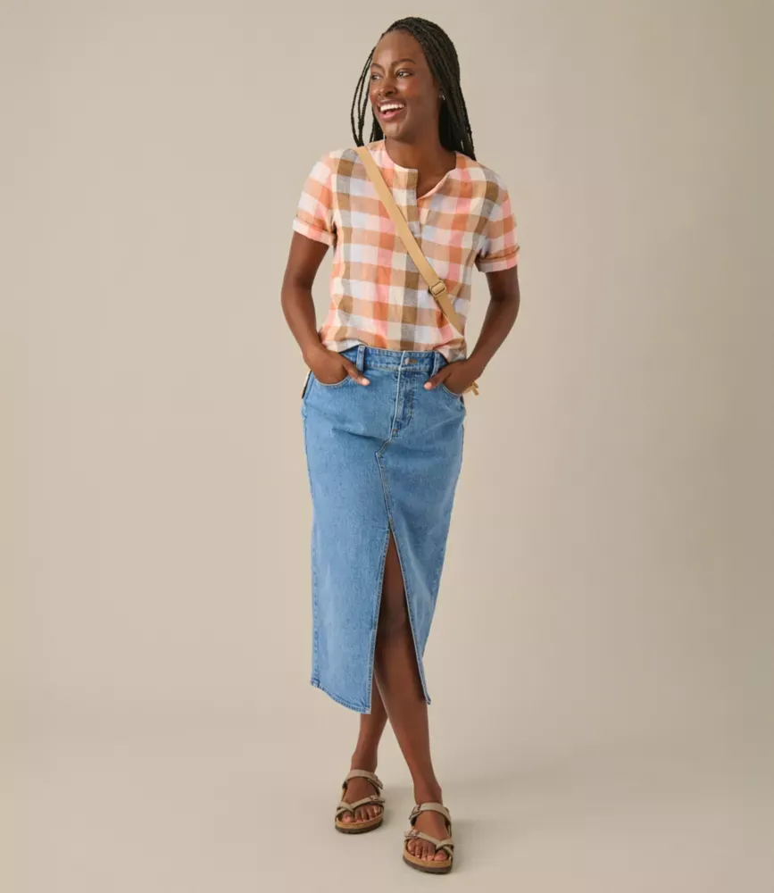 Camisa Feminina de Linho com Mistura de Gola Dividida, Manga Curta