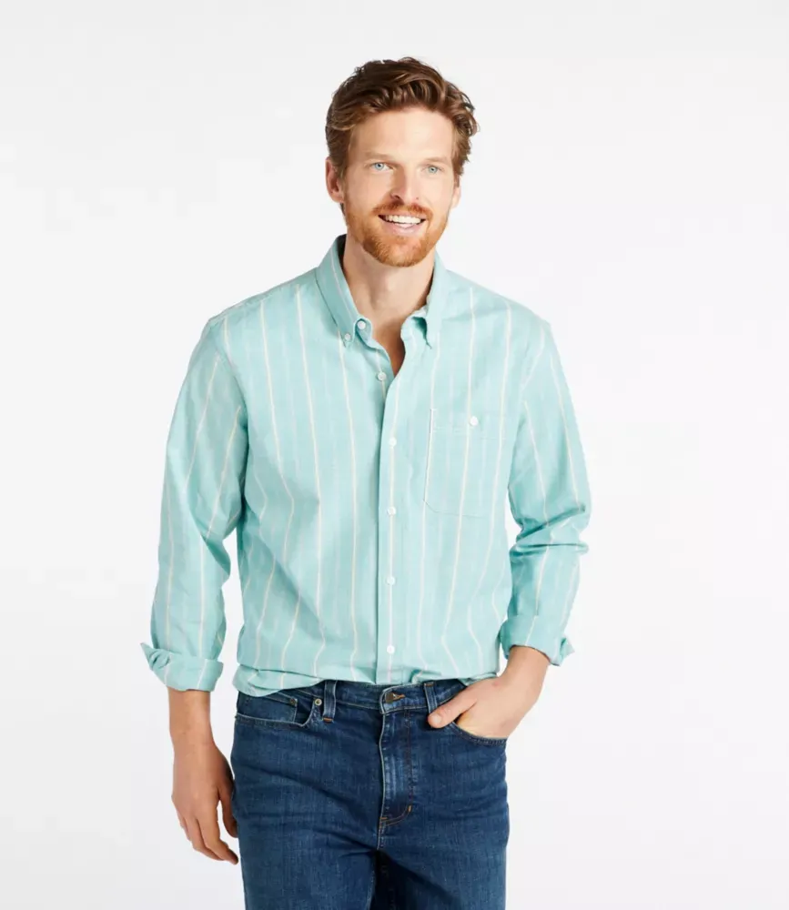 Camisa Masculina de Chambray com Elasticidade para Conforto, Corte Tradicional Sem Amarrar, Manga Comprida, Listrada
