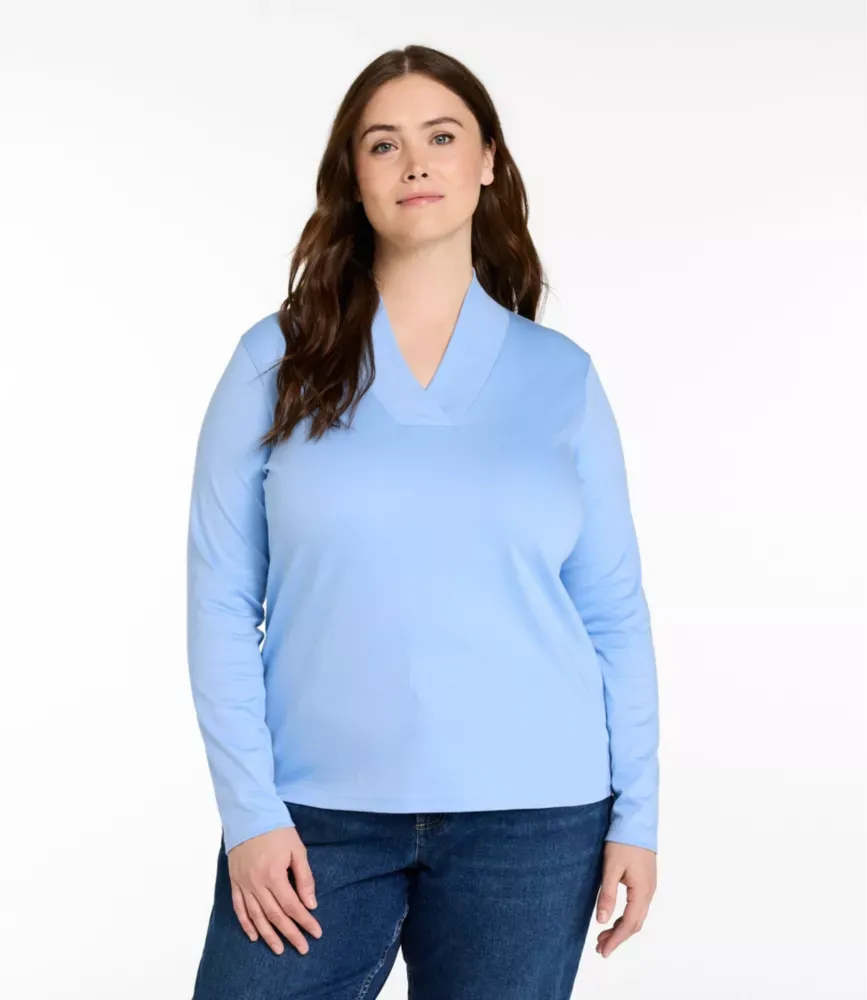 Camiseta de Algodão Pima Feminina, Manga Longa com Gola